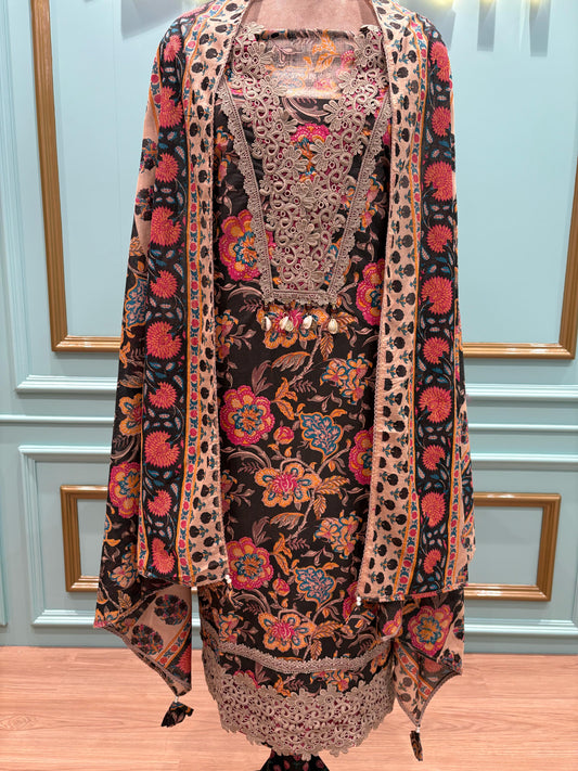 Beach Flowers Print Pure cambric cotton unstitched suit