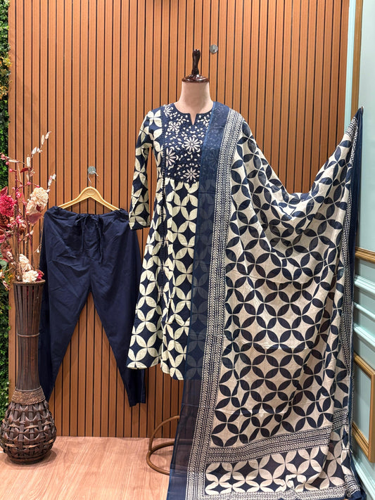 Elegant navy blue and cream suit set is a statement in timeless prints