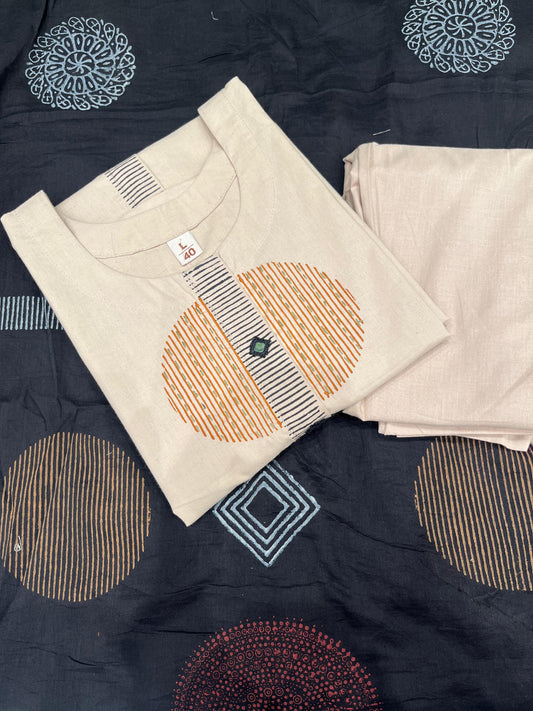 Trending outfit features a beige kurti with geometric embroidery