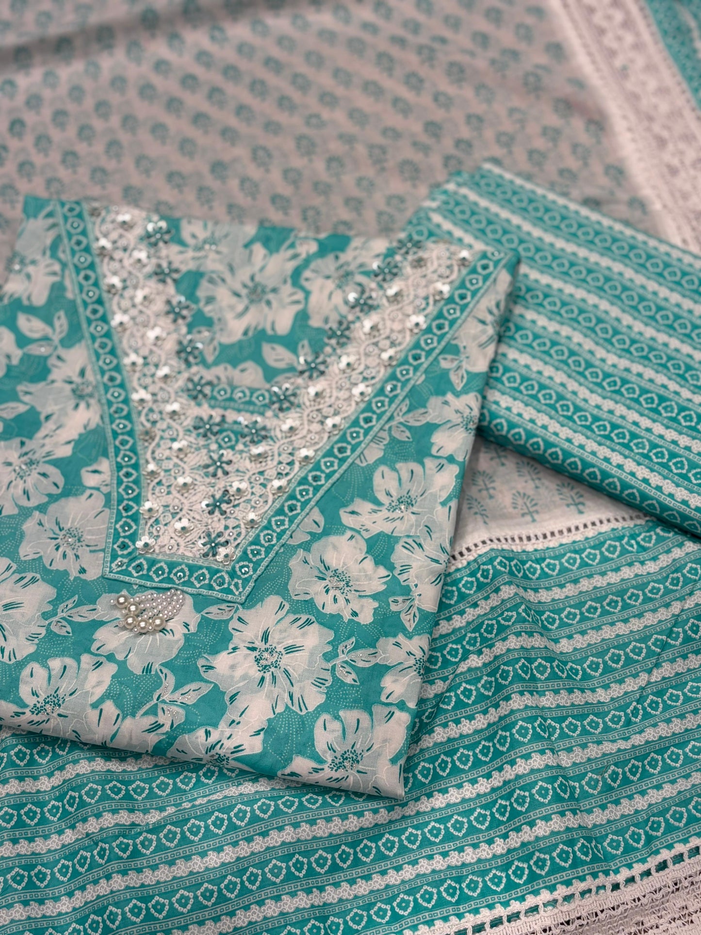 Elegant Turquoise Unstitched Cotton Suit β 3 Piece Set