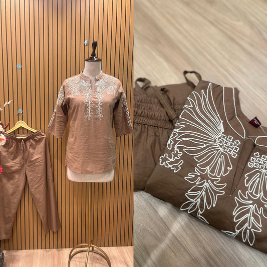 Embroidered Green & Brown Kurta Set with Floral Detailing