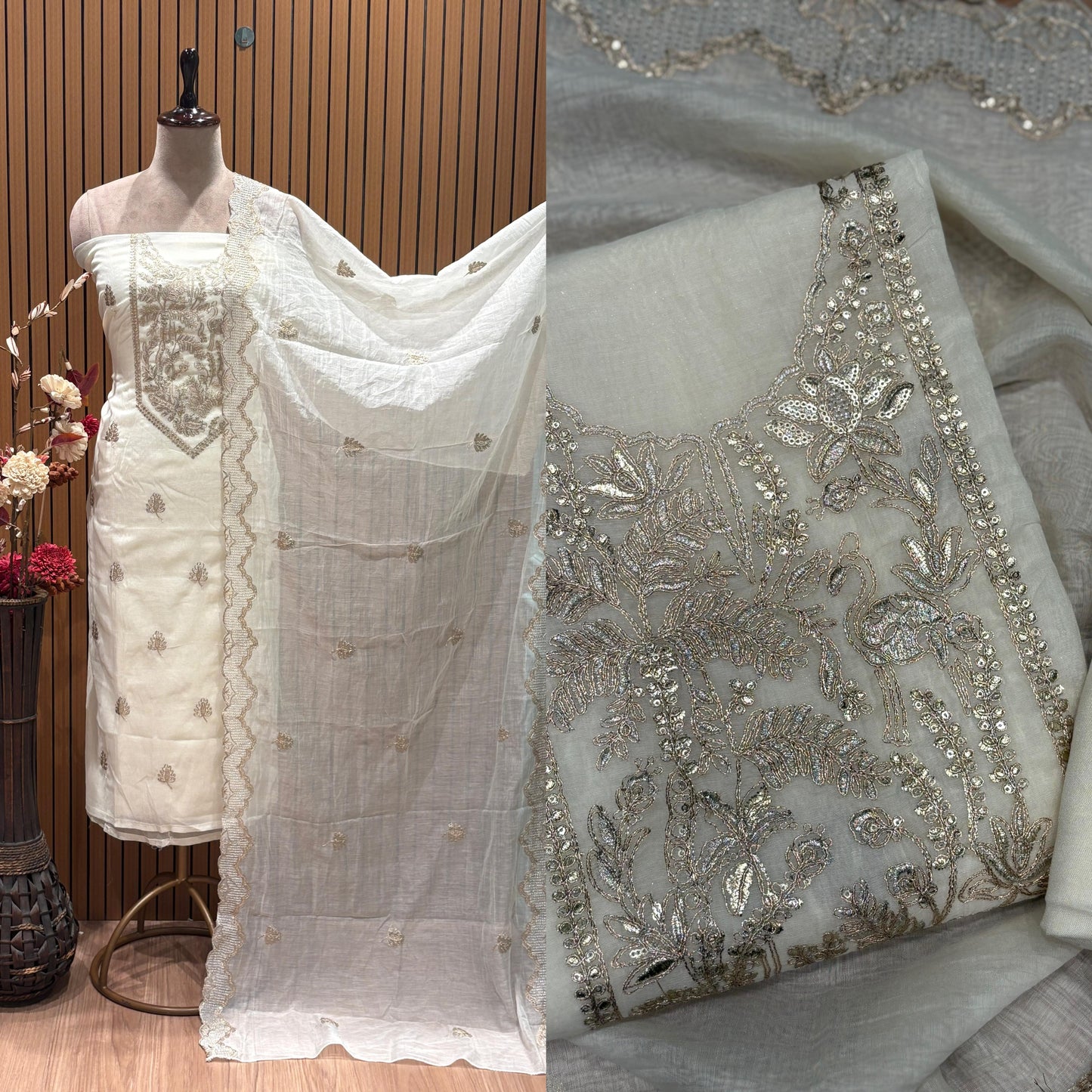 Elevate your ethnic style with our unstitched suit fabric crafted from premium mul Chanderi