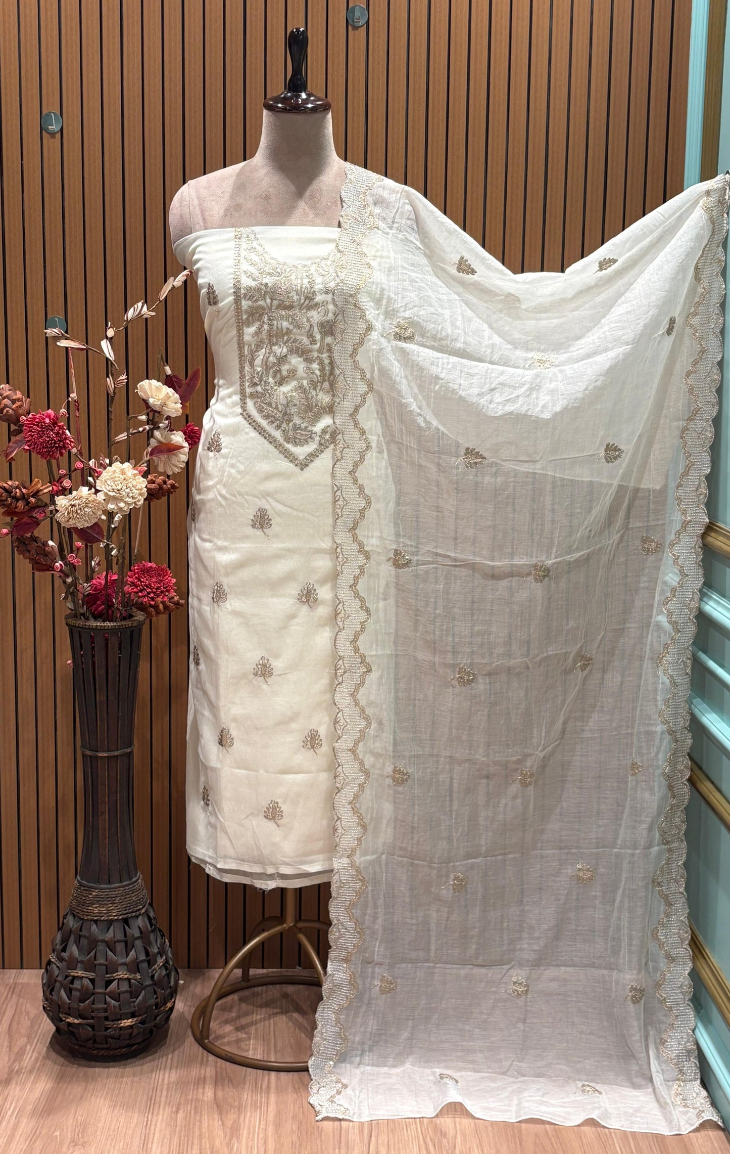 Elevate your ethnic style with our unstitched suit fabric crafted from premium mul Chanderi