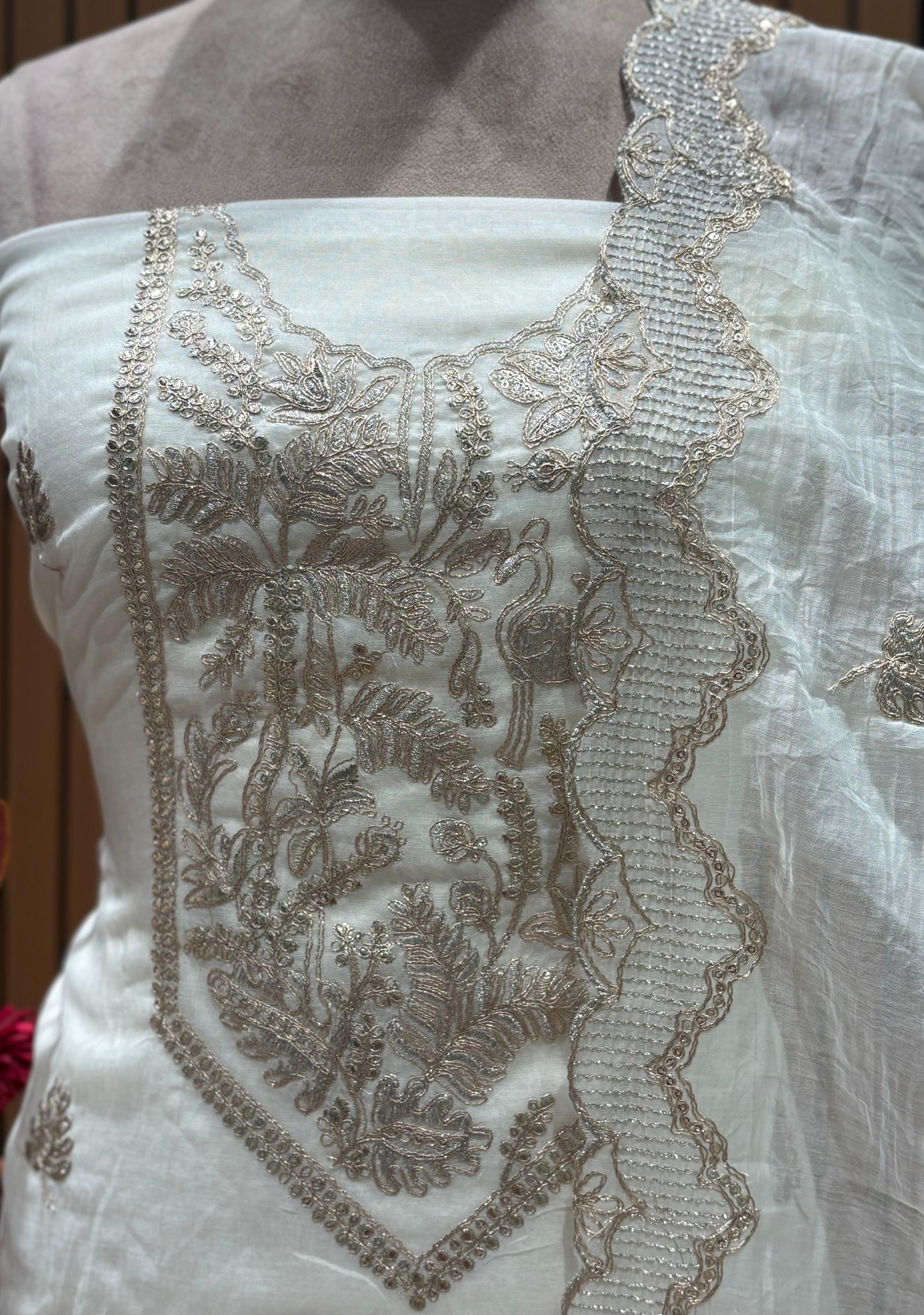 Elevate your ethnic style with our unstitched suit fabric crafted from premium mul Chanderi