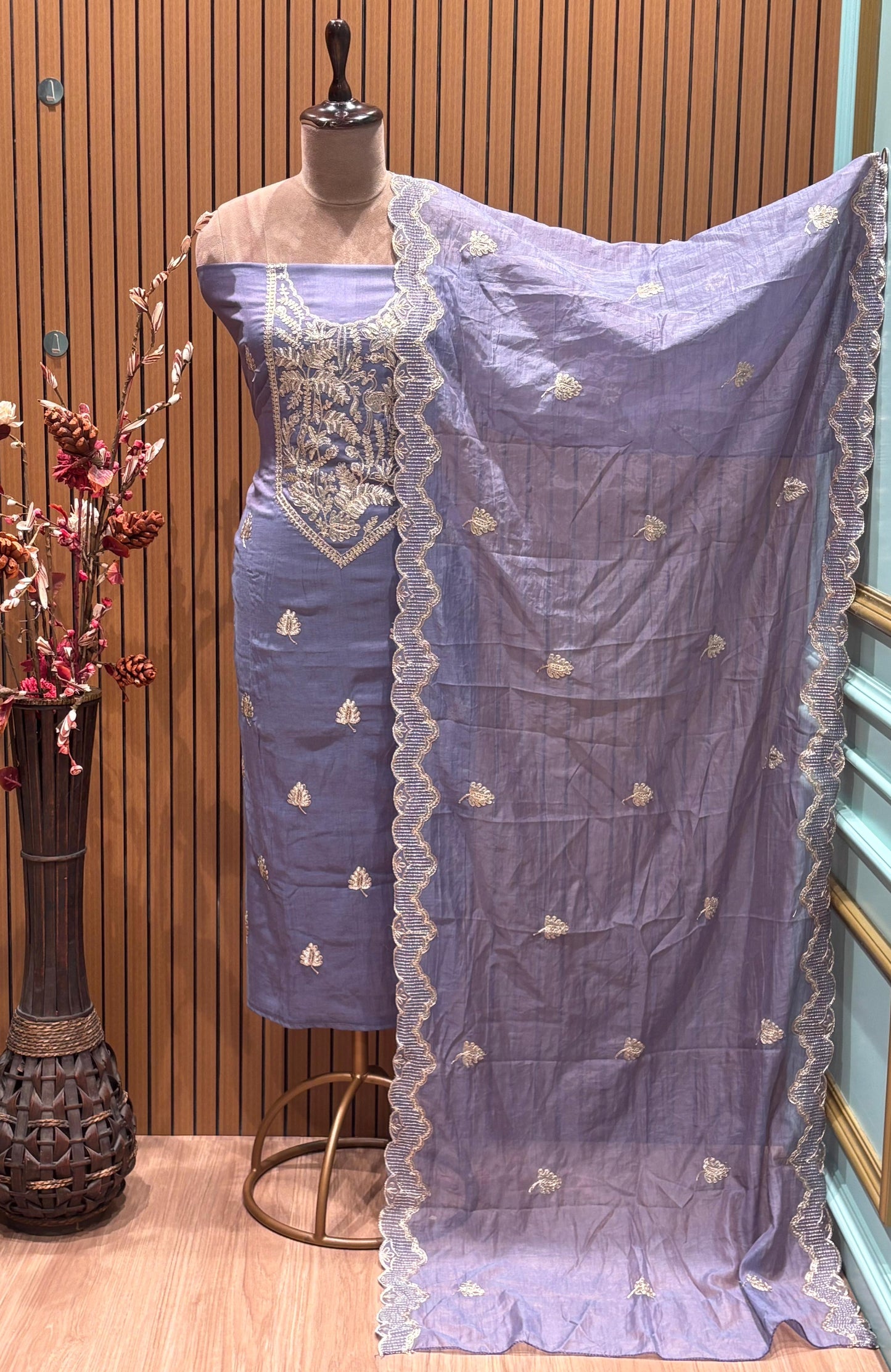 Elevate your ethnic style with our unstitched suit fabric crafted from premium mul Chanderi
