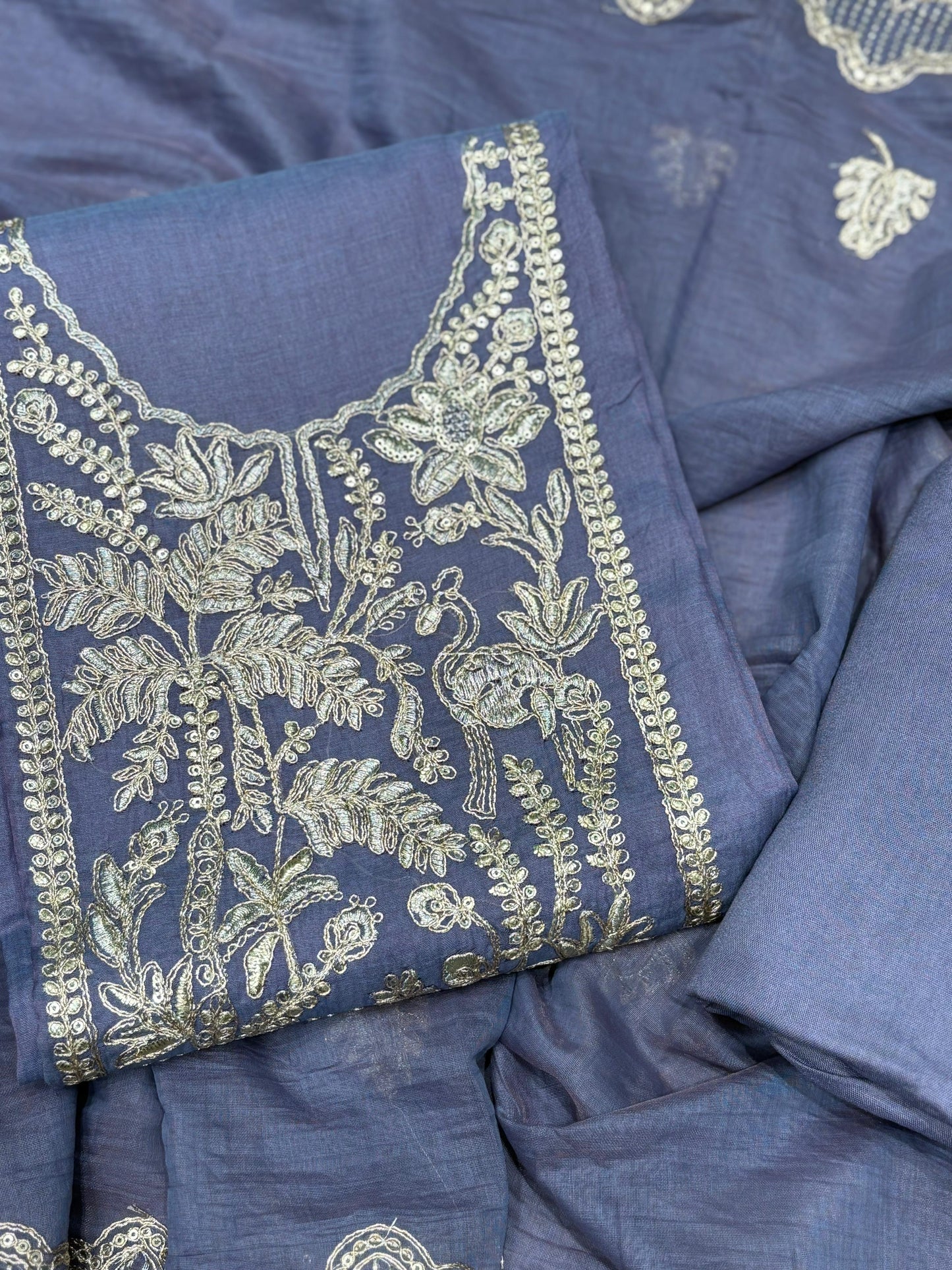 Elevate your ethnic style with our unstitched suit fabric crafted from premium mul Chanderi