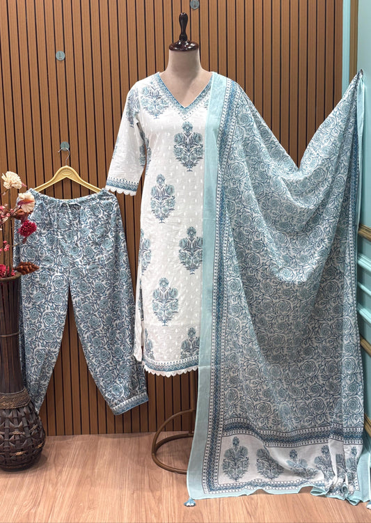 Elegant white cotton kurta set with pink floral block