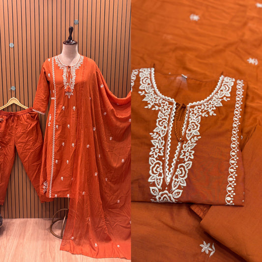 Rust Orange Embroidered Suit Set