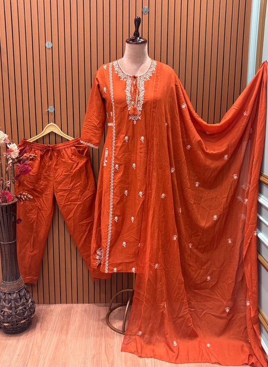 Rust Orange Embroidered Suit Set