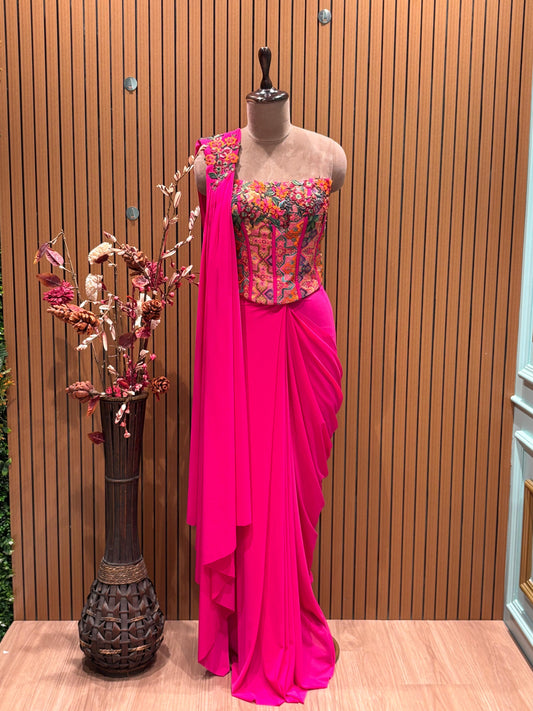 Corset Blouse with Fuchsia Lycra draped Saree