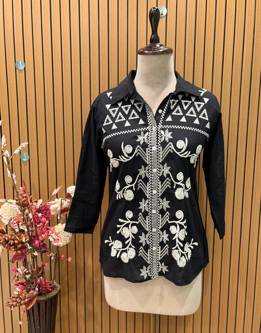 Stylish black cotton suit featuring elegant white thread embroidery