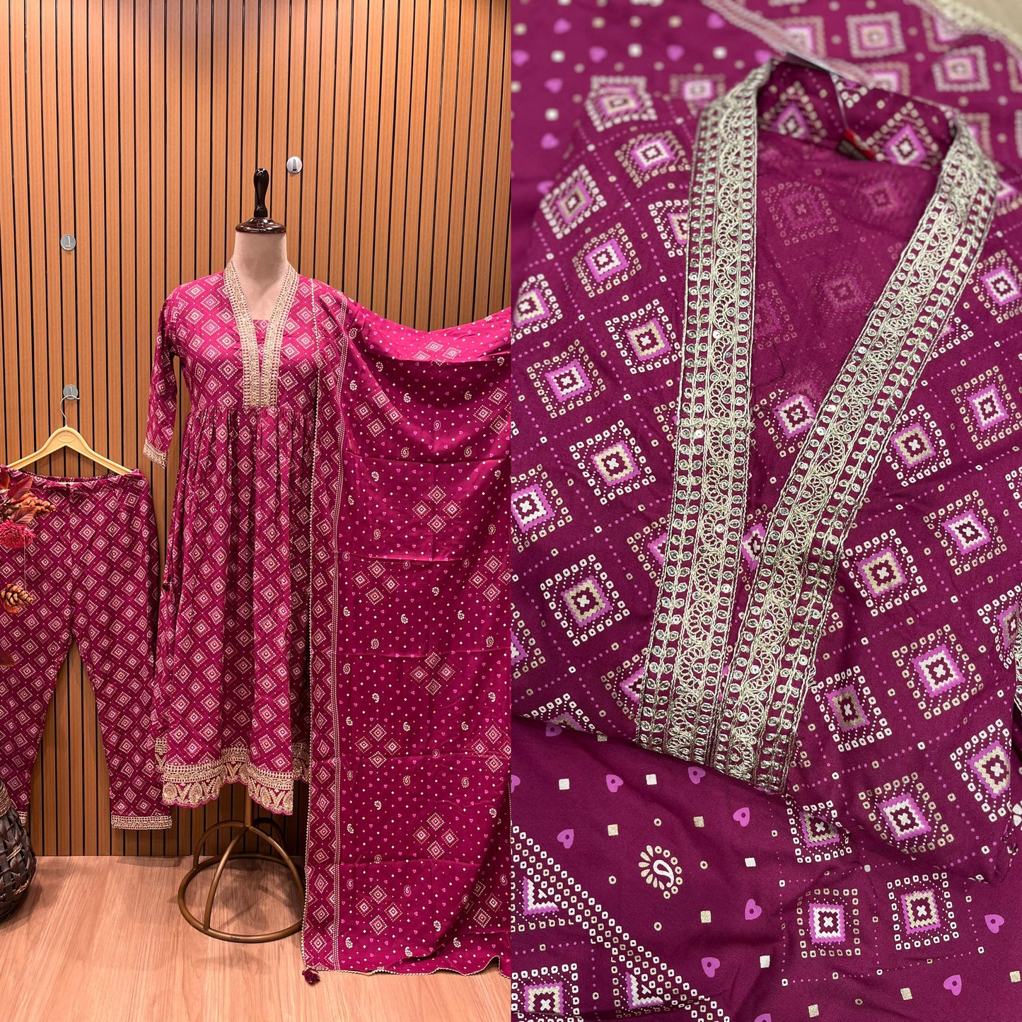 Pure cotton Bandhej design with intricate lace work