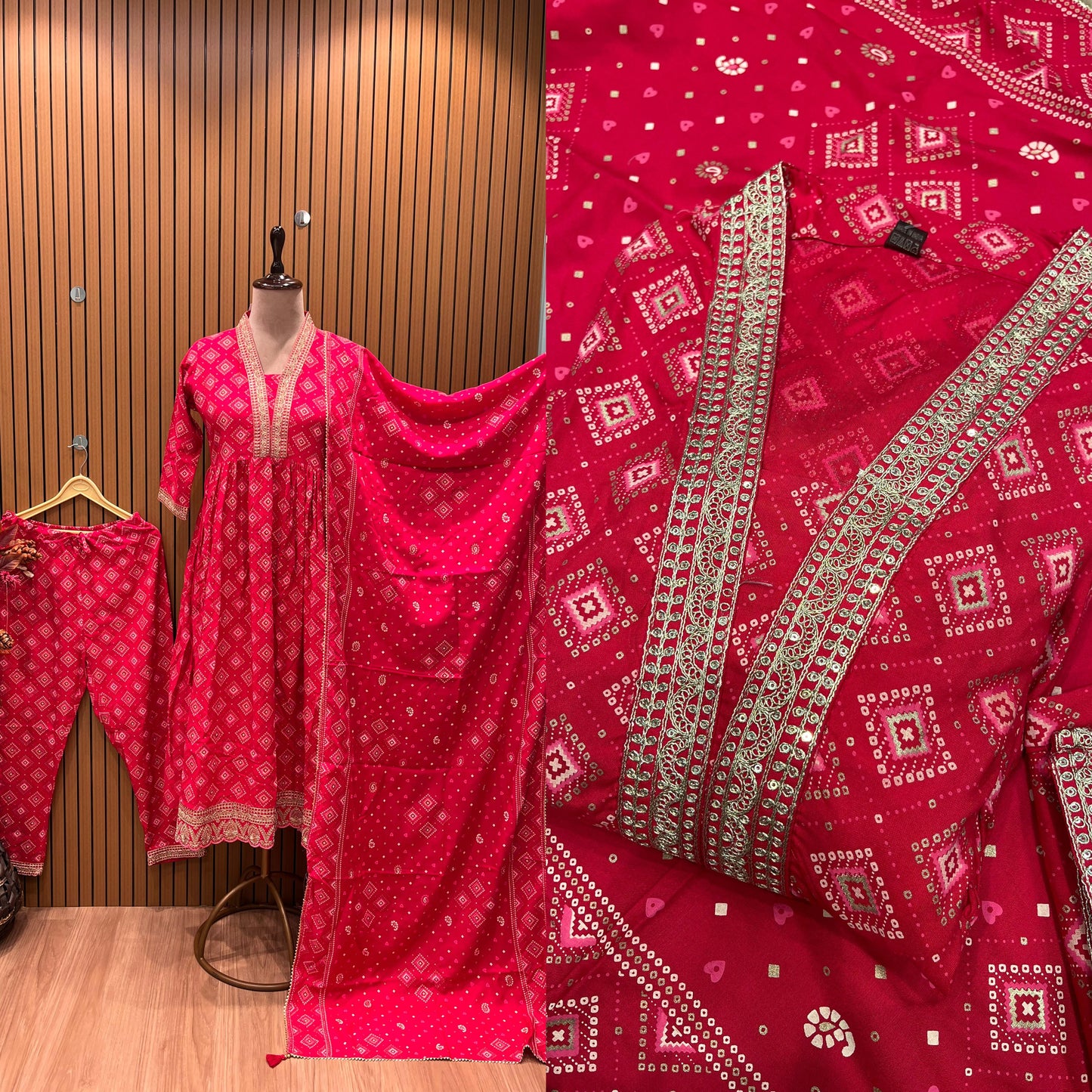 Pure cotton Bandhej design with intricate lace work