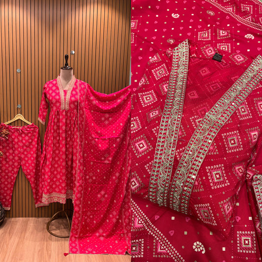 Pure cotton Bandhej design with intricate lace work