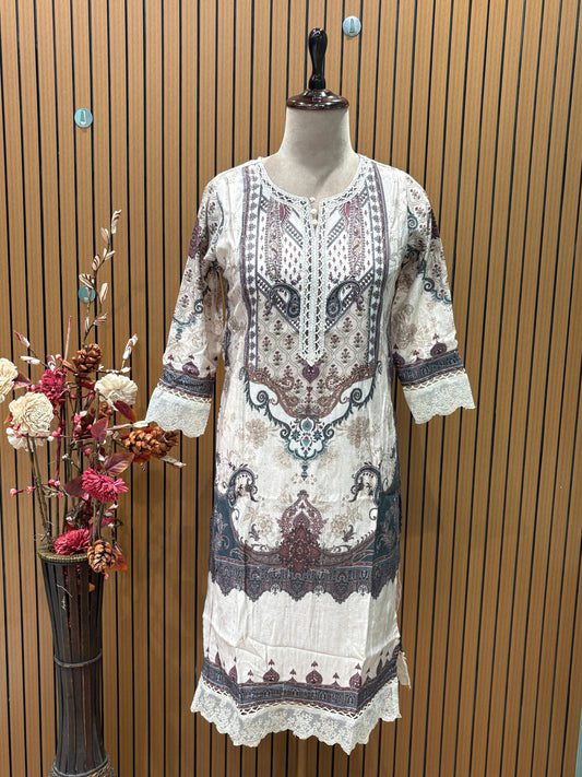 Elegant 3-piece kurti suit in beige with maroon and black intricate ethnic print