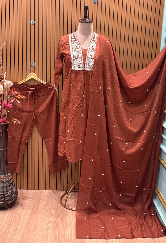 Elegant 3-piece stitched suits in rich rust and burnt orange shades