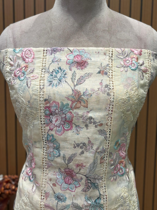 Elegant Linen Cotton with Organza Patch & Embroidery