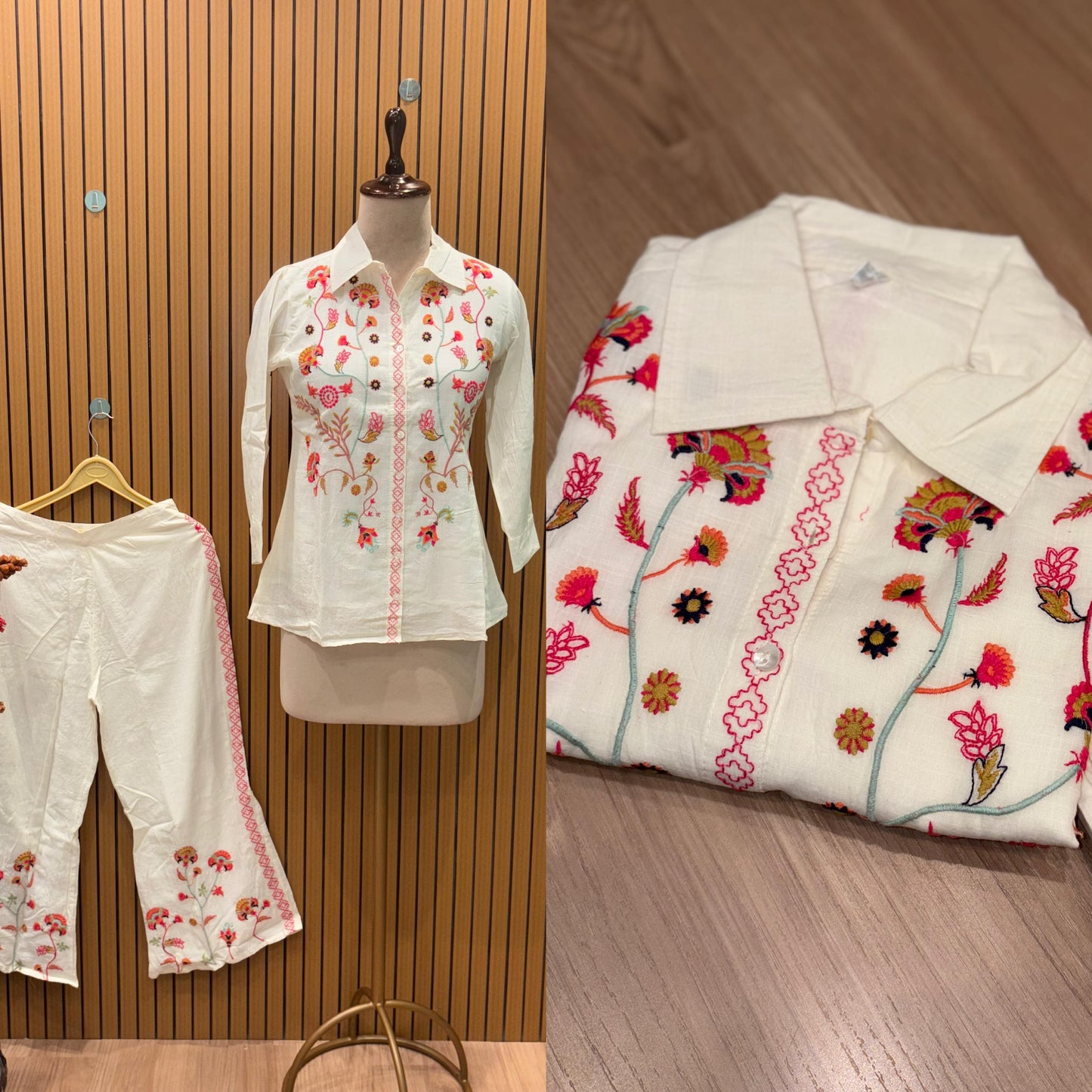 Trendy ethnic co-ord set features a cream-colored cotton fabric