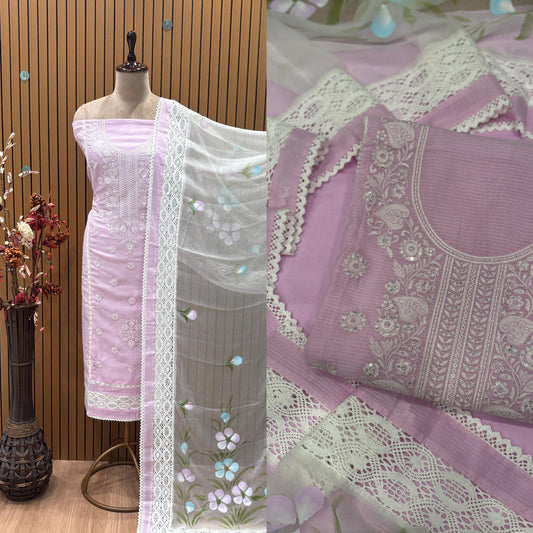 Unstitched Kota Doriya Suit Set with Corsica Lace Work