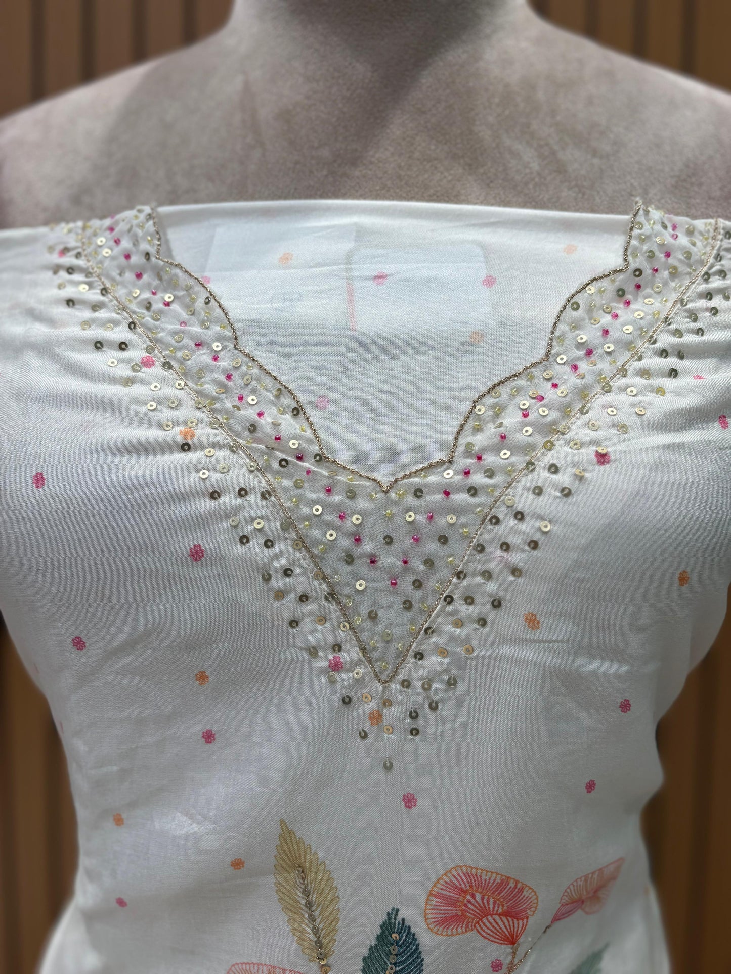 Unstitched Muslin Cotton Suit Set with Pearl & Sequence Work