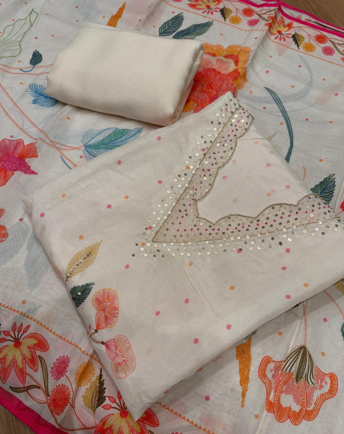 Unstitched Muslin Cotton Suit Set with Pearl & Sequence Work