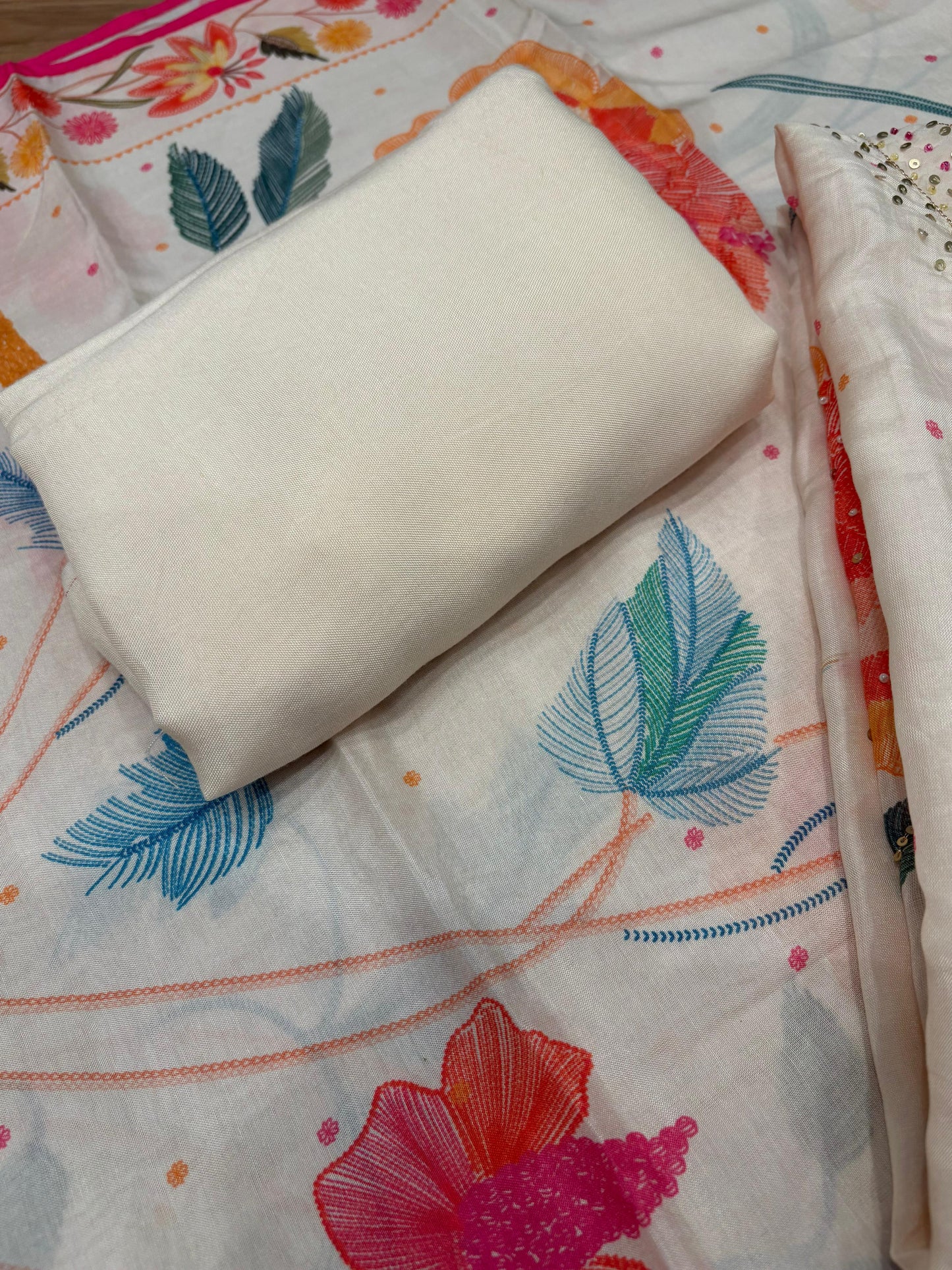 Unstitched Muslin Cotton Suit Set with Pearl & Sequence Work
