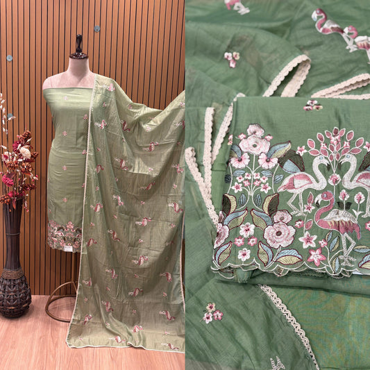 Unstitched Maheshwari Silk Suit Set with Figure Embroidery