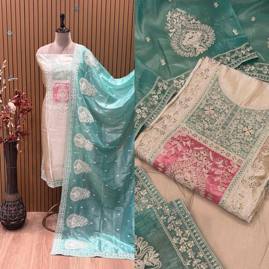 Unstitched Organza Shimmer Suit Set with Ari Embroidery & Sequence Work