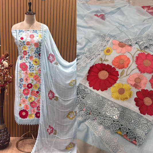 Unstitched Organza Suit Set with Multi-Thread Work & Corsica Lace Dupatta