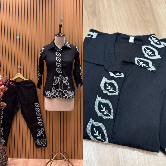 Stylish black co-ord set with elegant white floral embroidery