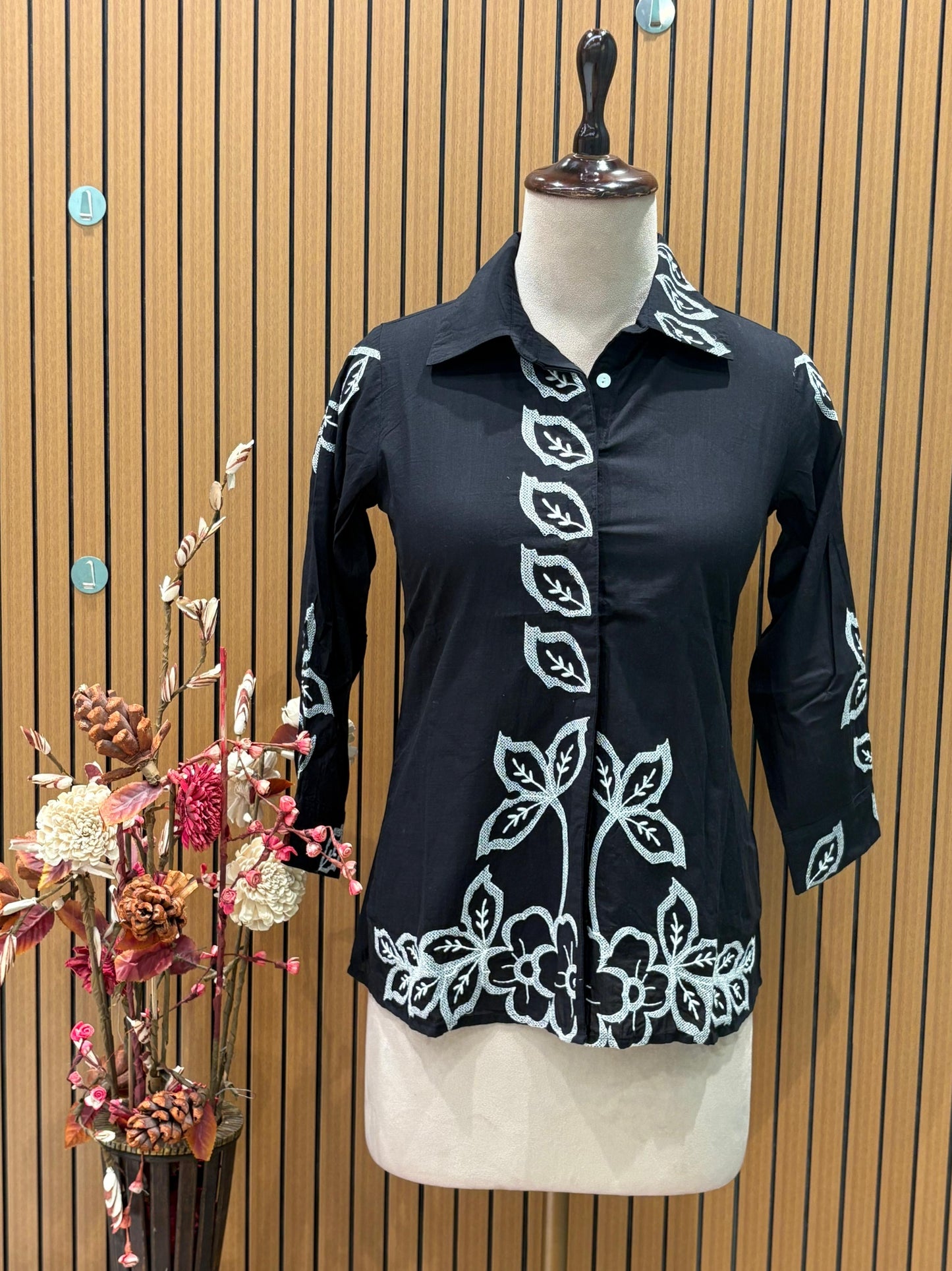 Stylish black co-ord set with elegant white floral embroidery