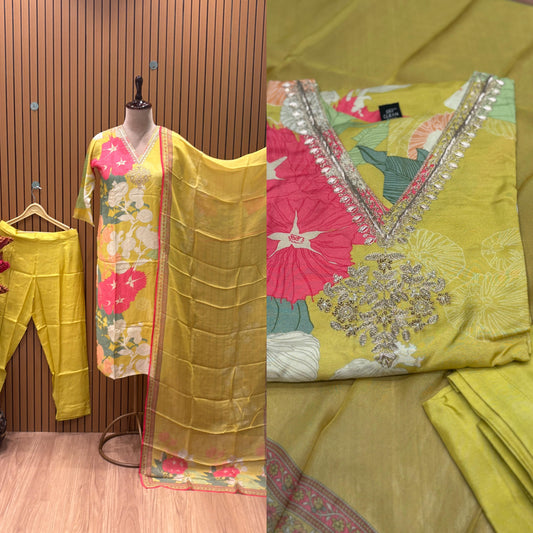 Step into summer elegance with this radiant yellow floral suit