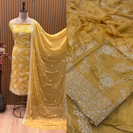 Grace your festive wardrobe with our elegant unstitched Chinon suit