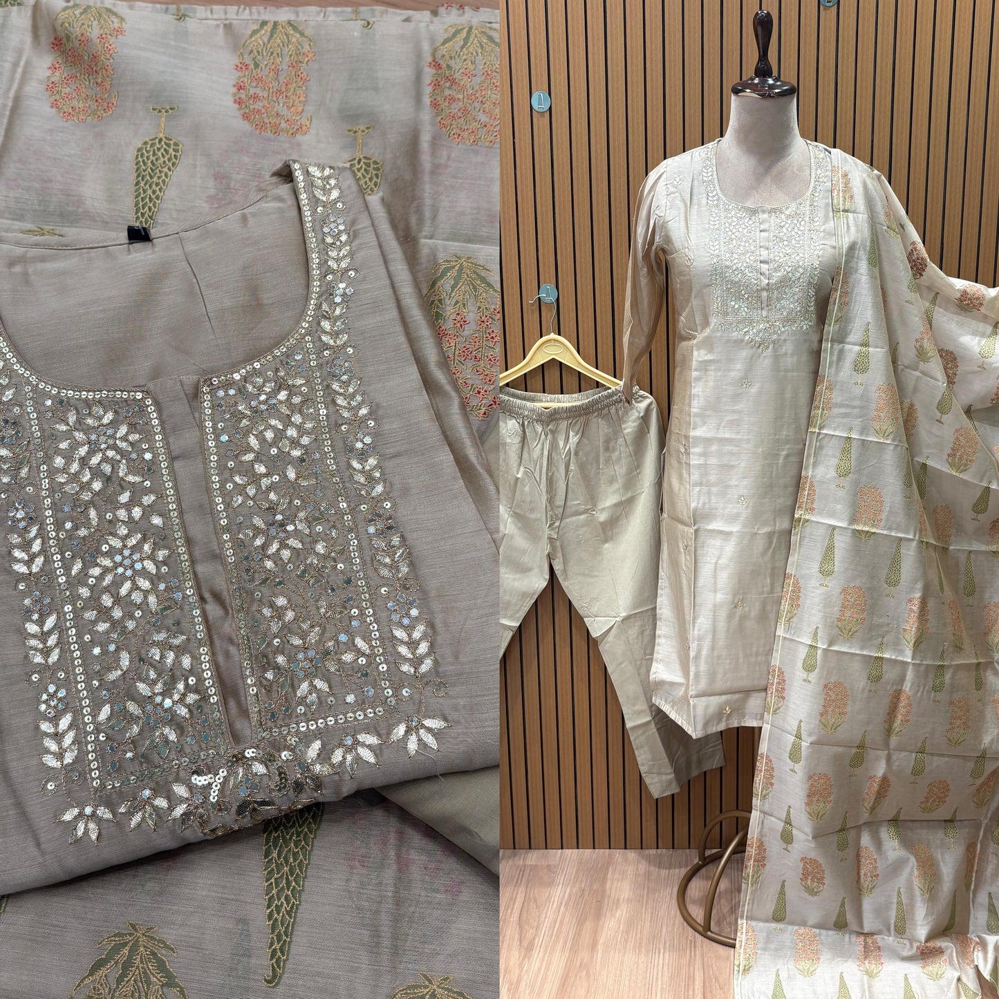 Graceful mul chanderi suit set featuring intricate mirror