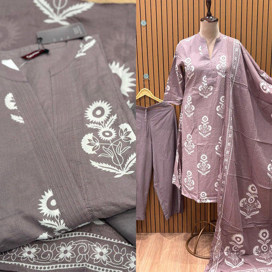Elegant mauve cotton suit set featuring white floral print