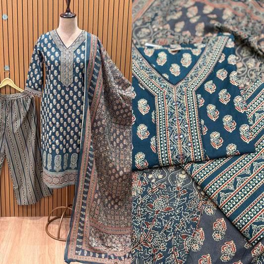 Elegant cotton kurti set featuring mirror, Resham, lace, and zari work with vibrant print