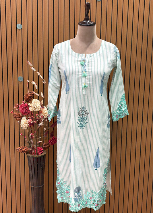 Graceful cotton kurti set with block print, Resham, and sequin detailing