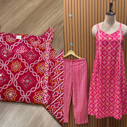 Trendy cotton kurti with pant set featuring bandhej print, mirror