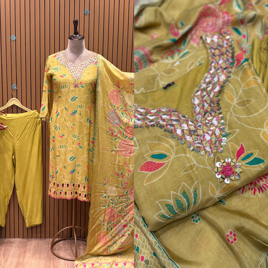 Radiate festive charm in this mustard yellow suit set