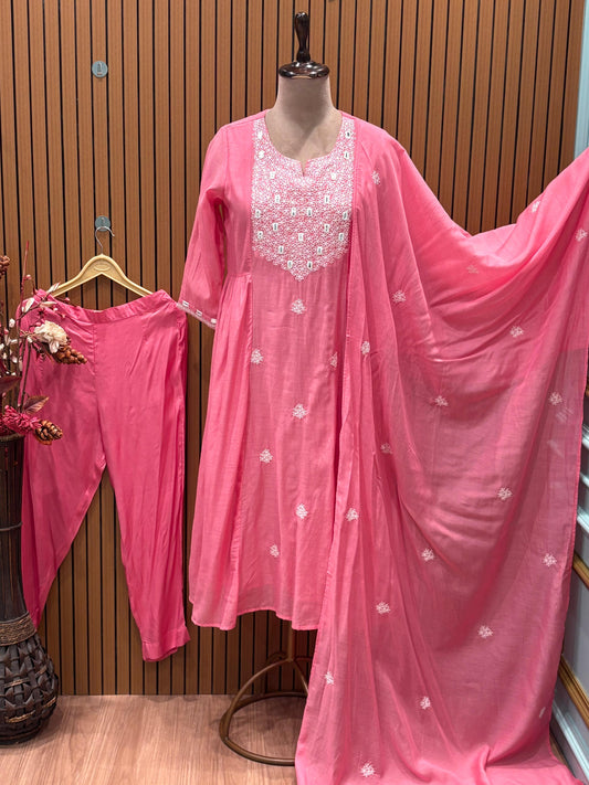 Add a splash of grace with this baby pink cotton Anarkali suit