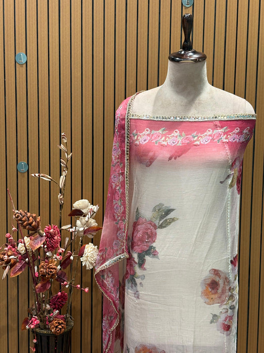 Step into graceful charm with our unstitched suit fabric in luxurious crep