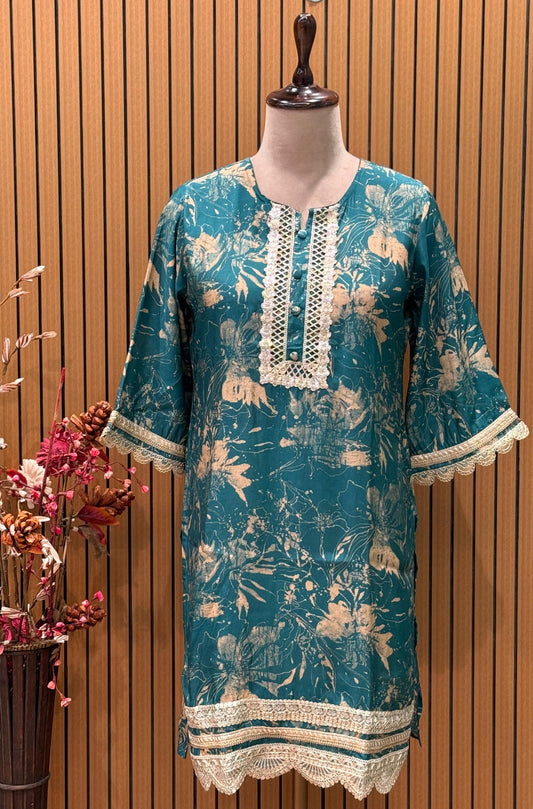 Stylish teal kurti set with floral abstract print