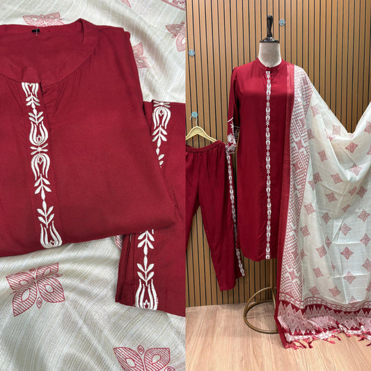 Step into effortless elegance with this beautifully crafted maroon cotton suit set