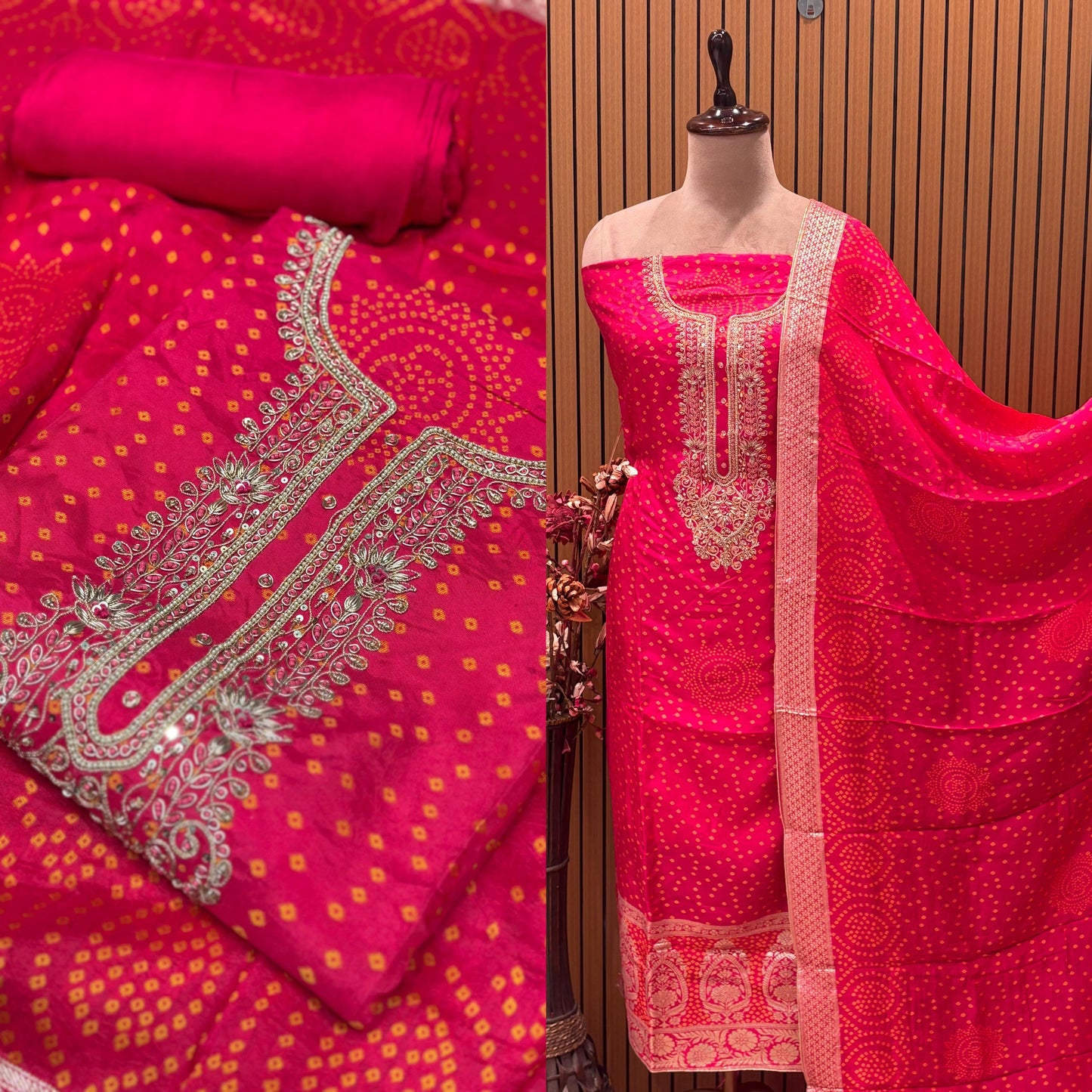 Add a regal charm to your festive wardrobe with this unstitched suit
