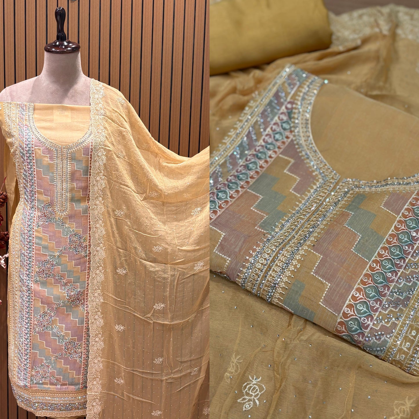 Presenting an elegant unstitched suit set in a soothing mustard-gold hue