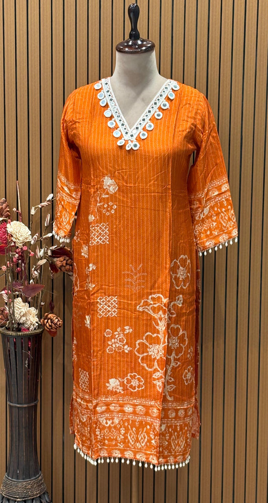 Orange cotton suit with shell mirror work neckline