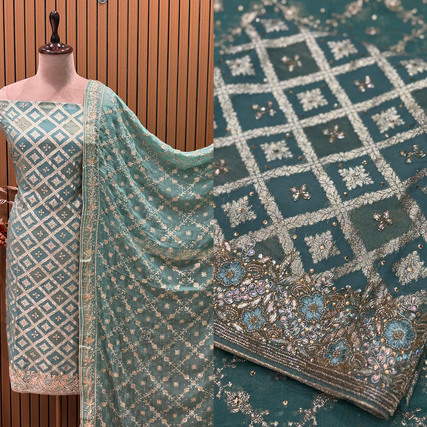 Celebrate this festive season in royalty with our exquisite unstitched suit set.