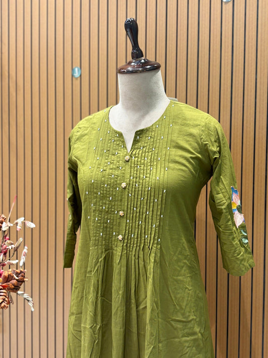 A soft and breathable cotton fabric in a rich olive green shade