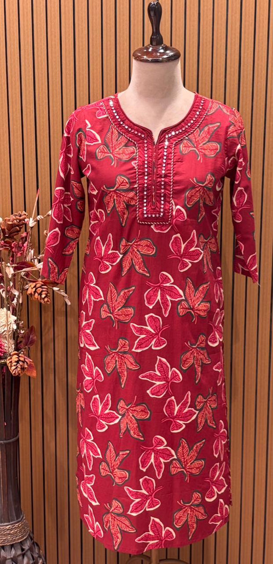 Cotton kurti set in brown & red features leaf prints