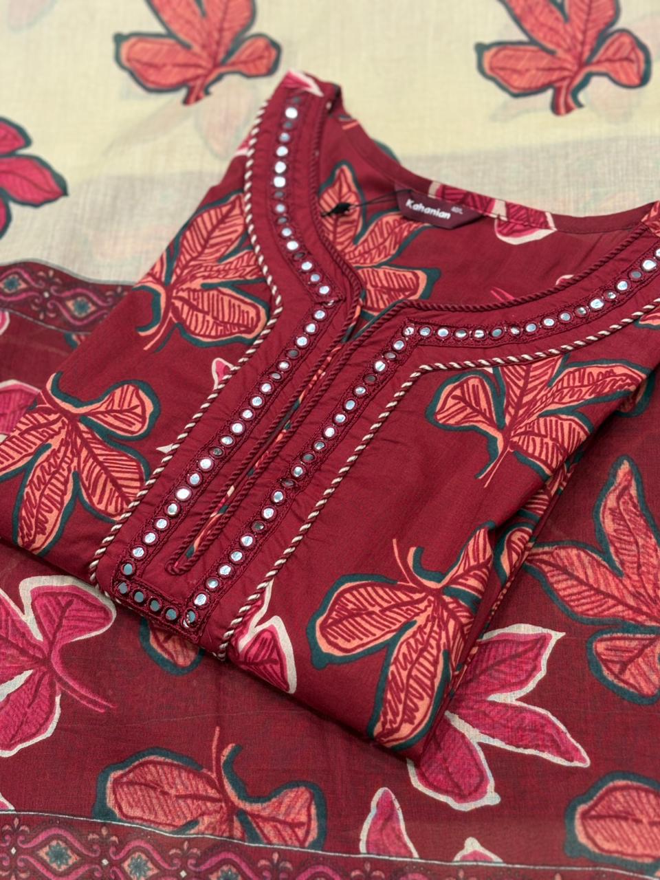 Cotton kurti set in brown & red features leaf prints